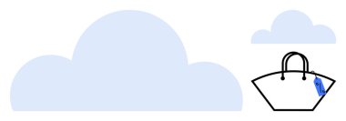 Mavi bulutlar ve fiyat etiketli minimalist çanta. E-ticaret, tüketici trendleri, rüya alışverişleri, bulut depolama, online alışveriş, moda fintech, pazar yeri için ideal. Soyut çizgi düz metafor