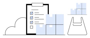 Listeli pano, kutular, bulut ve alışveriş çantası. Lojistik, envanter yönetimi, ikmal zinciri, ekomünikasyon siparişi verimlilik organizasyonu için ideal. Asgari tasarım