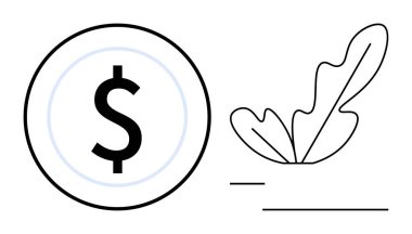 Soyut bir bitkinin yanında bir çember içinde dolar işareti. Finans, yatırım, tasarruf, zenginlik büyümesi, sürdürülebilirlik, ekonomik kalkınma, finansal planlama için ideal. Temiz soyut çizgi düz