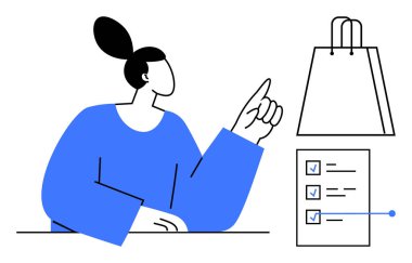 Mavi tişörtlü bir kadın kontrol listesine bakıyor. Üç işaretli eşya ve bir alışveriş çantası var. Üretim, planlama, alışveriş, organizasyon, görev yönetimi, hedef belirleme ve kontrol listesi için ideal