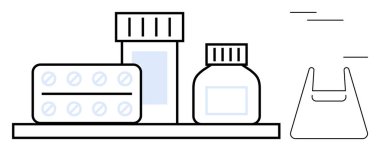 İlaç şişesi, hap paketi ve rafta bir alışveriş çantası. Sağlık, eczane, ilaç, reçete, sağlık hizmetleri lojistik ilaç endüstrisi hasta bakımı için idealdir. Asgari