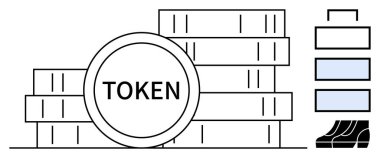Bir blok zinciri diyagramının yanında TOKEN etiketli bir yığın jeton. Kripto para birimi, engelleme teknolojisi, dijital işlemler, ademi merkeziyetçi finans, güvenlik, dijital varlıklar için ideal