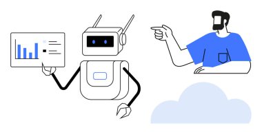 Robot veri tablosunu sunuyor, adam işaret ediyor, bulut. Teknoloji, yapay zeka, veri analizi, makine eğitimi, insan-robot etkileşimi, dijital dönüşüm için ideal. Vurgulama yeniliği