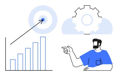 Yükselen eğilimli bar çizelgesi, oklu hedef, vites simgesi ve işaret eden bir adam. Ticari büyüme, başarı, strateji, üretkenlik, hedef belirleme veri analizi takım çalışması için ideal