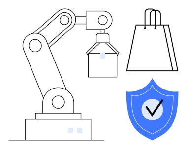 Robotik kol kaldırma kutuları alışveriş çantasının yanında ve üzerinde işaret olan mavi bir kalkan. Perakende yenilik, teknoloji güvenliği, e-ticaret, endüstriyel otomasyon, imalat güvenliği, envanter için ideal