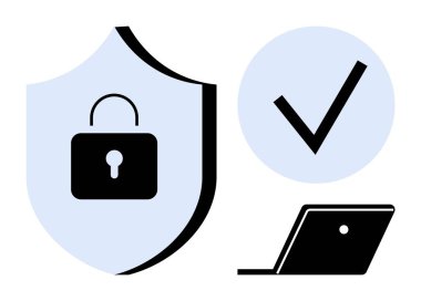 Kalkanda asma kilit, daire içinde kontrol işareti, dizüstü bilgisayar. Dijital güvenlik, çevrimiçi güvenlik, veri koruması, güvenli erişim, internet gizliliği siber güvenlik güvenilir teknoloji hizmetleri için idealdir. Minimalist