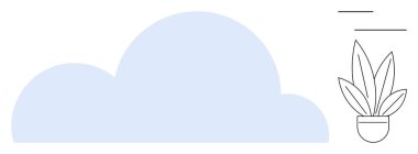 Büyük açık mavi bulut şekli ve yanında basit siyah çizgili saksı bitkisi. Çevre, büyüme, basitlik, minimalizm, bulut hesaplama, doğa, temiz tasarım için idealdir. Soyut satır düzlüğü