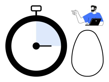 Kısmi mavi bölümlü zamanlayıcı, dizüstü bilgisayarı olan kişi, yumurta şeklinde kenar. Üretim, organizasyon, teslim tarihleri, görev yönetimi, verimlilik, stratejik planlama işleri için ideal