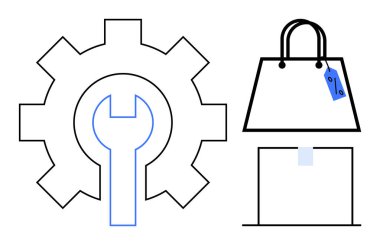 Fiyat etiketi olan bir alışveriş çantasının yanında vites ve anahtar simgesi var. Perakende destek, teknik hizmetler, e-ticaret çözümleri, tüketici malları bakımı, onarım, müşteri hizmetleri entegrasyonu için ideal