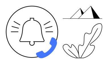 Telefon ahizesiyle ses çıkaran çan sesi, iki piramit, soyut yaprak. Uyarılar, iletişim, seyahat, doğa, minimalizm geometrik tasarım modern sanat için idealdir. Basit temiz soyut çizgi
