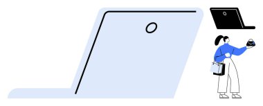 Alışveriş çantası tutan ve dizüstü bilgisayara bakan bir kadın. Çevrimiçi alışveriş, e-ticaret, dijital iş, tüketici davranışı, internet işlemleri, teknoloji kullanımı, perakende deneyimi için ideal. Soyut