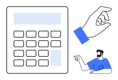 Hesap makinesi, el hareketi, işaret eden kişi. Finans, muhasebe, iş görüşmeleri, teknoloji, iletişim, insan etkileşimi eğitimi için idealdir. Çok yönlü soyut satır düz metafor