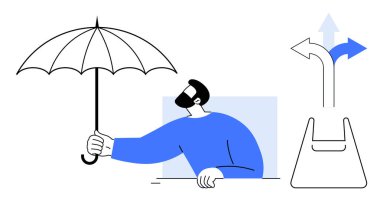 Şemsiye tutan kişinin çizimi, yön işaretlerinin yanında seçenekleri gösteriyor. Koruma, karar verme, rehberlik, güvenlik, belirsizlik, yaşam yolları ve güvenlik konuları için idealdir. Basit soyut