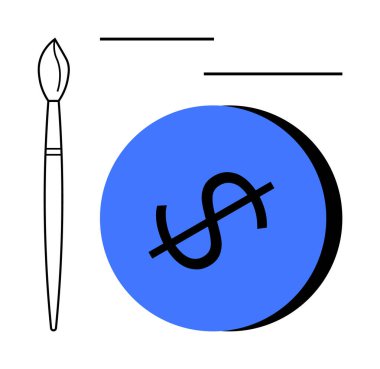 Boya fırçası, minimalist bir zemine karşı mavi bir çemberin üzerinde dolar sembolüyle birleşir. Yaratıcılık, finans yönetimi, sanat yatırımı, finansal büyüme, iş fikirleri, sanatsal konular için ideal