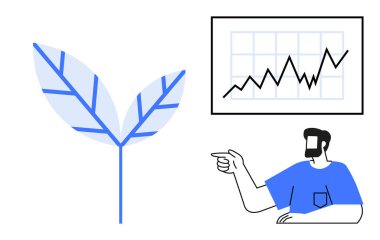 Adam yukarı doğru grafiksel çizgiyi gösteriyor, gelişmeyi ve ilerlemeyi temsil ediyor. Grafiğin yanında mavi ve beyaz bitki sembolü sürdürülebilirliği simgeler. İş için ideal, başarı, çevre dostu, strateji