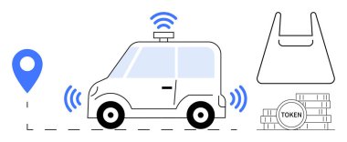 Kablosuz sinyalli araba, mavi harita rozeti, jetonlar, alışveriş çantası. Teslimat için ideal, otomasyon, navigasyon, akıllı teknoloji e-ticaret şifreli ulaşım ödemeleri. Soyut satır düzlüğü