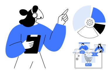 Verileri gösteren bir kulaklık, elinde pano, pasta grafiği ve ekommerce simgeleriyle müşteri destek ajanı. Müşteri hizmetleri, veri analizi, ecommerce, online alışveriş, teknoloji sektörü için ideal