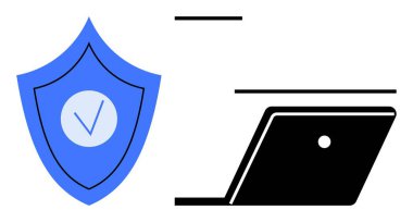 Modaya uygun dizüstü bilgisayarın yanında işaretli mavi bir kalkan. Siber güvenlik, çevrimiçi koruma, internet güvenliği, veri gizliliği, dijital savunma, güvenli tarama, teknik destek konuları için ideal. Soyut