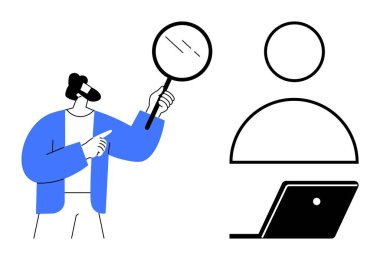 Elinde büyüteç tutan iş adamı kullanıcı profilini ve dizüstünü işaret ediyor. Arama, analiz, askere alma, araştırma, soruşturma, iş analizleri ve problem çözme kavramları için ideal. Mavi