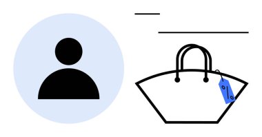 Fiyat etiketli bir el çantasının yanında kullanıcı profili simgesi. Çevrimiçi alışveriş, e-ticaret, perakende pazarlama, müşteri değerlendirmeleri, moda, dijital kimlik, tüketici davranışı kavramları için idealdir. Mavi ve siyah
