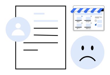 Profil simgesine sahip belge, tenteli online mağaza arayüzü, üzgün surat. Kimlik sorunları için ideal, çevrimiçi tatminsizlik, eksik profiller, başarısız işlemler, dijital stres, kullanıcı deneyimi