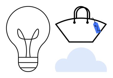 Fikirleri sembolize eden ampul, ticareti temsil eden fiyat etiketli alışveriş torbası ve teknoloji veya veri depolama bulutları. Yenilik, e-ticaret, teknoloji, beyin fırtınası, iş dünyası için ideal.