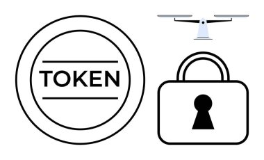 Dijital jeton çemberi, güvenlik dronu ve kilit kilidi teknolojiyi, güvenliği ve mahremiyeti gösteriyor. Engelleme zinciri, siber güvenlik, çevrimiçi işlemler, teknolojik güvenlik dronları verileri için ideal