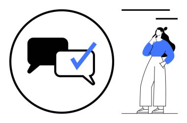 Mavi bluzlu ve beyaz pantolonlu bir kadın, elleri çenesinde, konuşma baloncuklarının yanında duruyor. Kabarcık işaretli. İletişim, teknoloji, karar verme, konuşma, sosyal medya için ideal