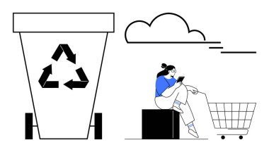 Woman sitting with smartphone beside recycling bin and shopping cart under cloud. Ideal for sustainability, waste management, technology, environment, shopping, urban life, green initiatives. Simple clipart