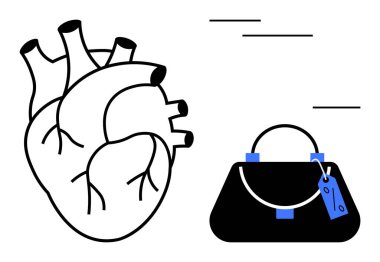 Anatomical human heart illustration beside a handbag with a price tag. Ideal for healthcare, consumerism, anatomy, fashion, marketing, metaphor, modern art. Unique conceptual design combining medical clipart