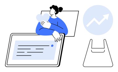 Alışveriş çantası ve ok grafiğiyle büyük bir tabletin yanında kalp şeklinde duran bir kişi. Teknoloji, e-ticaret, büyüme, yenilik, müşteri ilişkileri, çevrimiçi iş, başarı için ideal