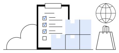 Bulut, istiflenmiş paketler, dünya ve alışveriş çantasının yanında kontrol işaretleri olan kontrol listesi. Lojistik, envanter, e-ticaret, tedarik zinciri online alışveriş küresel ticaret deposu yönetimi için idealdir. Çizgi