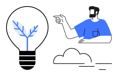 Sakallı, mavi gömlekli bir adam ampulün içindeki bitkiyi işaret ediyor. Altında bir bulut var. Yenilik için ideal, eko-dostluk, sürdürülebilirlik, büyüme berraklığı yol göstericilik yaratıcılığı. Soyut