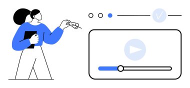 Oynat düğmesi ve ilerleme çubuğuyla video oynatıcı arayüzünün yanındaki ekranı gösteren panoyu tutan kişi. Eğitim, eğitim, sunumlar, dersler, çevrimiçi öğrenim için ideal