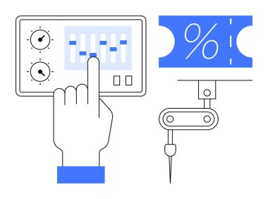Dokunmatik ekran kontrollerini, yüzde sembollü mavi kupon basma makinesinin yanına ayarlıyorum. Otomasyon, verimlilik, dijital denetim, finans, imalat, indirim, teknoloji için ideal