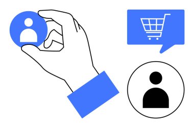El sürükleyici kullanıcı profili simgesi, alışveriş arabası diyalog balonu ve ek kullanıcı profili simgesi. Çevrimiçi alışveriş, kullanıcı seçimi, e-ticaret, dijital profiller, teknoloji hizmetleri, UX