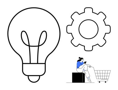 Ampul sembolü, vites simgesi, alışveriş arabasının yanında telefonu kullanan kadın. Yenilik, teknoloji, çevrimiçi alışveriş, müşteri hizmetleri, verimlilik dijital dönüşüm e-ticaret için idealdir. Soyut çizgi