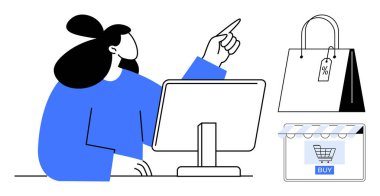 Kadın bilgisayar ekranını işaret ediyor, yüzde etiketli alışveriş çantası, ekrandaki satın alma düğmesi. Çevrimiçi alışveriş, e-ticaret, pazarlama, dijital satış, indirimler, çevrimiçi perakende satışlar için ideal