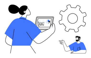 Kadının veri tablolarını dizüstü bilgisayarda görmesi, büyük bir teçhizat, adamın tartışmayı işaret etmesi. İş, takım çalışması, veri analizi, teknoloji kullanımı, verimlilik iş akışı proje yönetimi için idealdir. Soyut çizgi