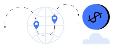 Çizgiler, dünya çapında para hareketini tasvir eden dünyayı, işaretleri ve dolar işaretlerini birbirine bağlıyor. Finans, küresel işlemler, uluslararası ticaret, ekonomi, iş büyümesi, teknoloji için ideal