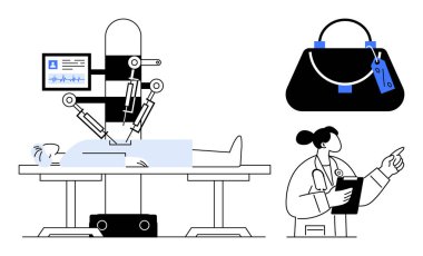 Robotic arms perform surgery on patient on operating table while doctor monitors. Nearby, a medical bag is depicted. Ideal for medical technology, healthcare innovation, surgical precision, future of clipart