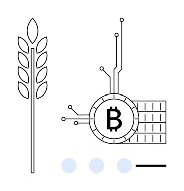Devre çizgileri olan dijital Bitcoin sembolünün yanındaki buğday bitkisinin betimlenmesi. Tarımsal yenilik, kripto para birimi, finans teknolojisi, engelleme zinciri uygulamaları ve dijital
