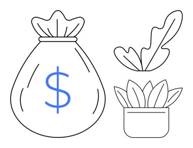 Üzerinde mavi dolar işareti olan para çantası ve iki çevre tesis. Finans, yatırım, tasarruf, zenginlik büyümesi, mali istikrar, varlık birikimi ve refah temaları için ideal. Basit soyut çizgi