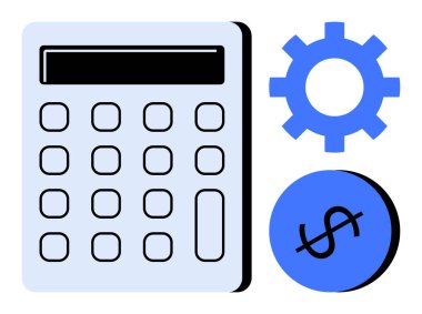 Hesap makinesi, dolar parası, mali hesaplamayı, bütçeyi, ekonomik analizi, optimizasyonu temsil eden vites çarkı. Finans yönetimi, bütçe araçları, iş planlaması için ideal
