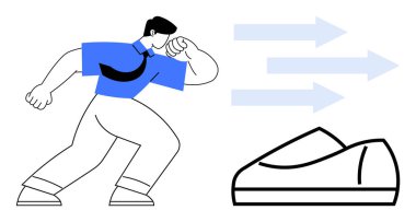 Mavi gömlekli ve kravatlı bir iş adamı hız ve yönü belirten oklarla klasik bir ayakkabıya doğru koşuyor. Ticari başarı, motivasyon, hedefler, ilerleme, kararlılık ve rekabet için ideal
