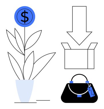 Finansal büyümeyi sembolize eden mavi madeni paralı bir fabrika, açık bir karton kutu ve bir çanta. Büyüme stratejileri, e-ticaret, alışveriş, yatırım, sürdürülebilirlik perakende işi için ideal. Basit.