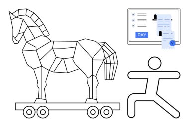 Truva atı ve çevrimiçi ödeme fişi olan bir insan figürü. Siber güvenlik, dolandırıcılığı önleme, çevrimiçi tehditler, bilinçlendirme kampanyaları, dijital güvenlik, veri koruması, soyut düz çizgi