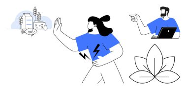 Çeşitli yiyecekleri reddeden kişi, dizüstü bilgisayarı işaret eden adam, elektrik şoku sembolü ve yaprak ikonu. Temalar için ideal yiyecek hoşgörüsüzlüğü, teknoloji bağlantısı, sağlık, reddetme, enerji