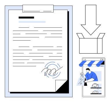 Panonun yanında imzası olan büyük bir belge, kutuyu gösteren aşağı doğru ok ve telefonda alışveriş uygulaması. Dijital dönüşüm için ideal, çevrimiçi işlemler, dağıtım süreçleri, e-ticaret