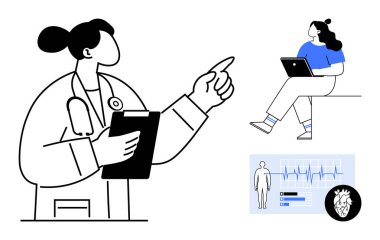 Doktor elinde dizüstü bilgisayar kullanarak hastayı gösteren bir dosya tutuyor. Kardiyoloji verileri ve kalp çizimleri. Tıbbi danışmanlık, tele sağlık, doktor-hasta etkileşimi, kardiyoloji, sağlık hizmetleri için ideal